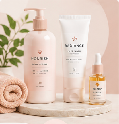 Beauty care bottles and skincare products