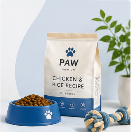 Pet food bag, bowl and toys