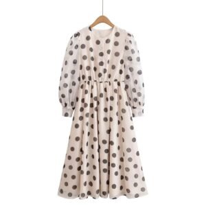 Polka dot print round neck bubble sleeves cinched waist jumpsuit long skirt