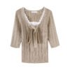 Lace Spliced Mock Two-Piece Knotted Knit Top for Women