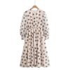 Polka dot print round neck bubble sleeves cinched waist jumpsuit long skirt