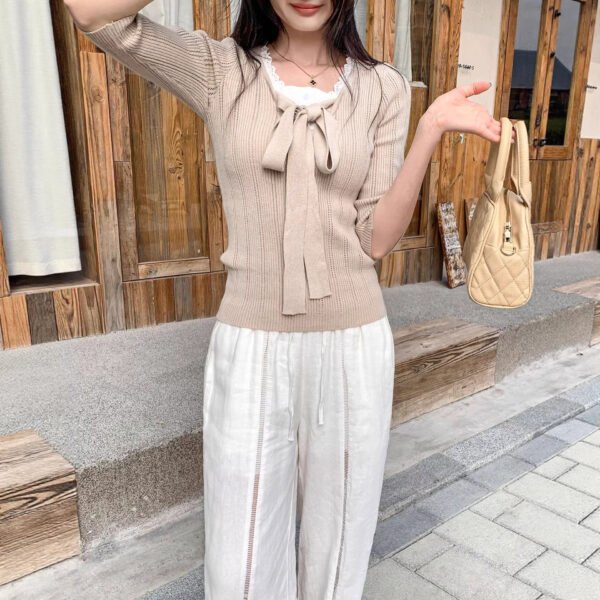 Lace Spliced Mock Two-Piece Knotted Knit Top for Women